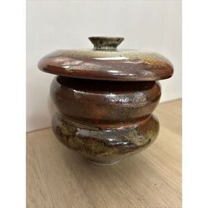 Signed Studio Art Pottery Drip Glaze Pot/Crock 6"x5" W/ Lid Butter Bell